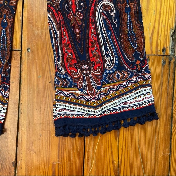 Blu Pepper Ladies Paisley Print Wide-Leg Pull On Pants Size M Navy Red Tassels - Picture 2 of 12